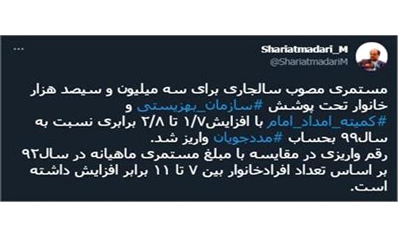 شریعتمداری : مستمری 3 میلیون و 300 هزار خانوار تحت پوشش سازمان بهزیستی و کمیته امداد واریز شد